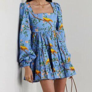 Agua Bendita Avena Canarios Dress Blue Bird Tree Floral Print Cotton Mini S